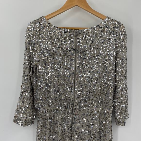 Alice + Olivia Sequined Silk Mini Dress Boatneck Blouson Silver Metallic Medium - Picture 7 of 10